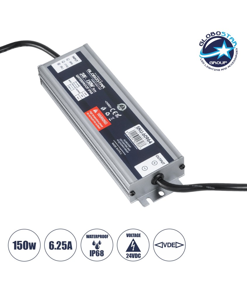 GLOBOSTAR® LUMISPLASH 60964 Τροφοδοτικό-Μετασχηματιστής Class II SELV 150W 6.25A DC 24V Αδιάβροχο IP68 - AC 220-240V σε DC 24V - Μ20 x Π5.5 x Υ2.5cm - 3 Χρόνια Εγγύηση